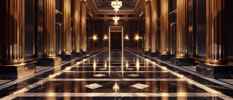 An expansive and palatial hotel entrance with a soaring ceiling, gilded accents, and a striking black and white marble floor, projecting an air of grandeur and exclusivity