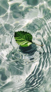A vibrant green leaf floats atop rippling water, its intricate veins and reflections creating a mesmerizing, serene natural composition