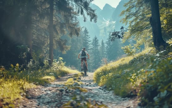 A lone cyclist rides a rugged mountain bike trail, framed by the lush greenery of a mountain forest under soft sunlight
