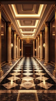 An extravagant hallway adorned with gleaming black and gold marble floors, ornate wall panels, and a brilliantly illuminated ceiling creating a dazzling, lavish atmosphere