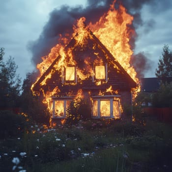 Burning house standing alone , backyard at night. AI generative.