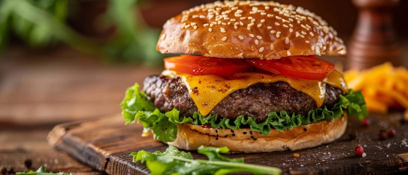 An appetizing and visually appealing burger with a toasted sesame seed bun, juicy beef patty, melted cheese, crisp lettuce, and vibrant tomato slices, creating a beautifully layered