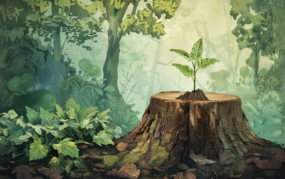 A young sapling sprouts defiantly from the center of a weathered tree stump, symbolizing the resilience and tenacity of life in the face of adversity within the untamed beauty of the natural world