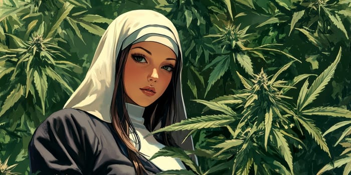 Woman dressed as nun smoking marijuana. AI generative.