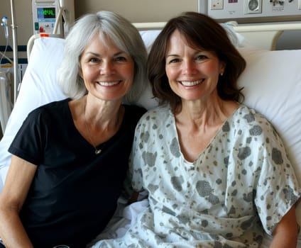 patient in a hospital gown, lying on a modern hospital bed next to a smiling nurse standing. AI generative.