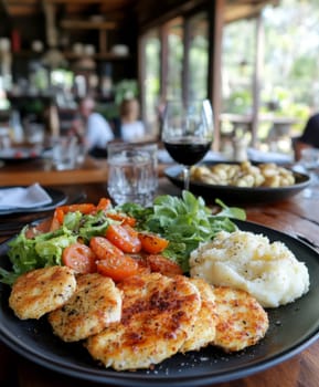 delicious homemade schnitzel on a plate, surrounded by fresh salad and a side of mashed potatoes. AI generative.