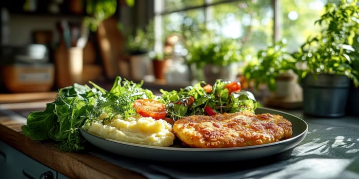 delicious homemade schnitzel on a plate, surrounded by fresh salad and a side of mashed potatoes. AI generative.