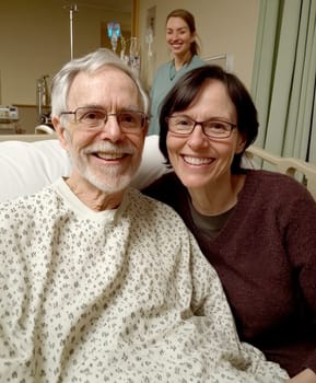 patient in a hospital gown, lying on a modern hospital bed next to a smiling nurse standing. AI generative.
