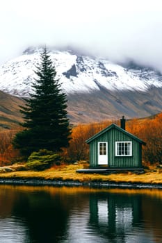 modern gabled house and landscape of the far north. AI generative.