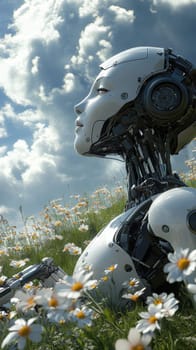 a robot, the robot lies on a green meadow with flowers. AI generative.