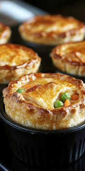 Golden mini chicken pot pie muffins with a flaky crust and creamy filling of chicken. AI generative.