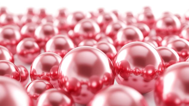 A 3D-rendered image showcasing a stunning collection of red pearls of varying sizes scattered across a white background. The vibrant red hues and glossy textures create a luxurious, high-contrast visual with impeccable detail.
