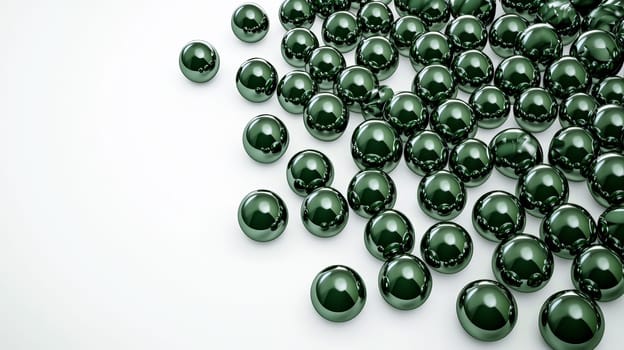 A minimalistic 3D render featuring scattered green pearls against a pristine white backdrop, highlighting the smooth, glossy texture and vibrant color of the pearls in a serene, high-quality presentation.