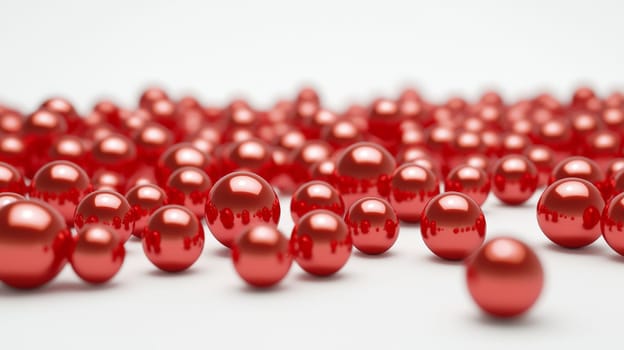 A 3D-rendered image showcasing a stunning collection of red pearls of varying sizes scattered across a white background. The vibrant red hues and glossy textures create a luxurious, high-contrast visual with impeccable detail.