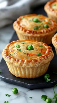 Golden mini chicken pot pie muffins with a flaky crust and creamy filling of chicken. AI generative.