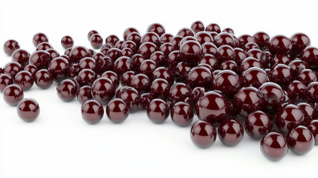 A 3D-rendered image showcasing a stunning collection of red pearls of varying sizes scattered across a white background. The vibrant red hues and glossy textures create a luxurious, high-contrast visual with impeccable detail.