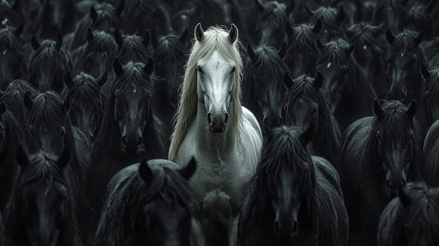 A hyper-realistic image capturing a striking white horse standing prominently in the center of a vast herd of black horses. The high-resolution detail emphasizes the contrast between the singular white horse and the surrounding sea of dark figures, creating a powerful and captivating visual.