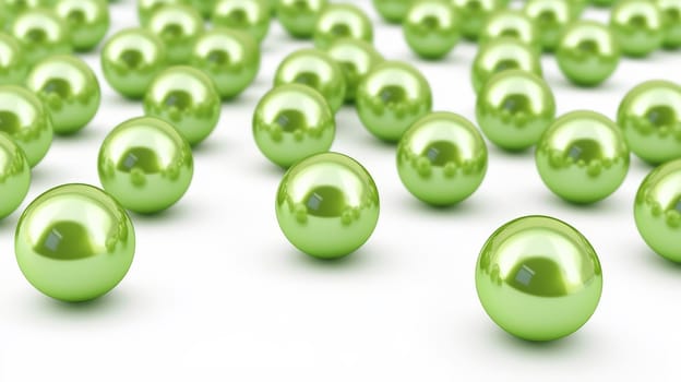A minimalistic 3D render featuring scattered green pearls against a pristine white backdrop, highlighting the smooth, glossy texture and vibrant color of the pearls in a serene, high-quality presentation.