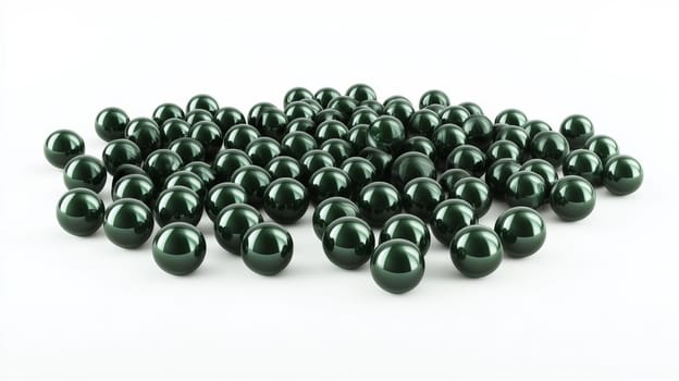 A minimalistic 3D render featuring scattered green pearls against a pristine white backdrop, highlighting the smooth, glossy texture and vibrant color of the pearls in a serene, high-quality presentation.