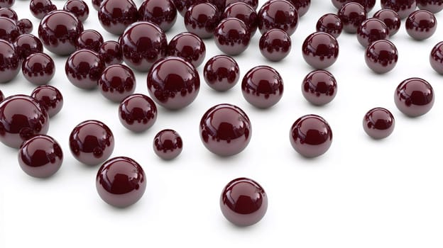 A 3D-rendered image showcasing a stunning collection of red pearls of varying sizes scattered across a white background. The vibrant red hues and glossy textures create a luxurious, high-contrast visual with impeccable detail.