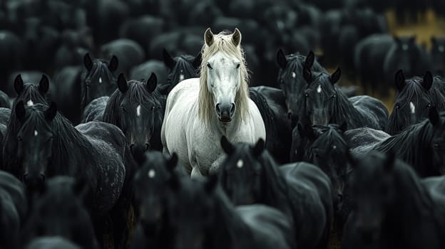 A hyper-realistic image capturing a striking white horse standing prominently in the center of a vast herd of black horses. The high-resolution detail emphasizes the contrast between the singular white horse and the surrounding sea of dark figures, creating a powerful and captivating visual.
