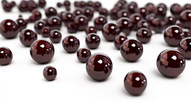 A 3D-rendered image showcasing a stunning collection of red pearls of varying sizes scattered across a white background. The vibrant red hues and glossy textures create a luxurious, high-contrast visual with impeccable detail.