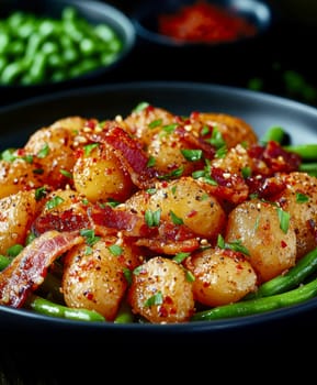 Rustic country-style dish with roasted new potatoes in a plate, tender green beans and crispy bacon bits. AI generative.