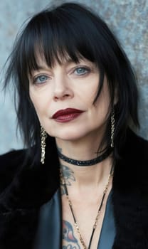 Close-up portrait of a middle-aged woman with black hair, blue eyes and dark red lipstick earrings and necklace. She has tattoos on her arms. AI generative.