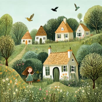 Little girls playing in the garden,in the sky birds and in the distance you can see the house.AI generative.