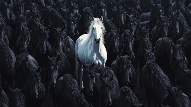 A hyper-realistic image capturing a striking white horse standing prominently in the center of a vast herd of black horses. The high-resolution detail emphasizes the contrast between the singular white horse and the surrounding sea of dark figures, creating a powerful and captivating visual.
