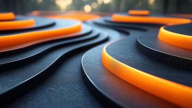 A hyper-detailed 3D rendering showcasing an abstract orange and black ripple effect. The design features intricate textures and high contrast, delivering a captivating visual depth and dynamic flow across the surface.