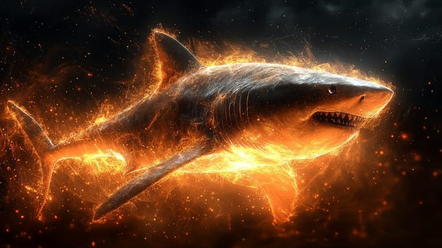 This hyper-detailed 3D rendering presents an abstract interpretation of a shark theme, set against an orange and black background. The design is rich in high contrast and intricate details, highlighting the fluid yet powerful form of the shark in a visually captivating and modern style.