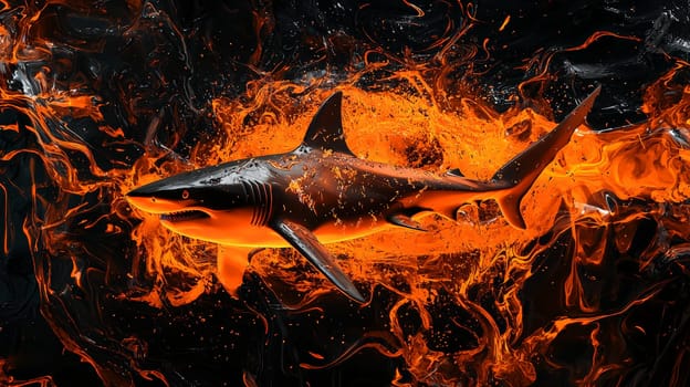 This hyper-detailed 3D rendering presents an abstract interpretation of a shark theme, set against an orange and black background. The design is rich in high contrast and intricate details, highlighting the fluid yet powerful form of the shark in a visually captivating and modern style.