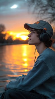 A young man leaning against a wall near the canals, wearing an oversized sweater and a baseball cap, listening to music through his vintage headphones. AI generative.