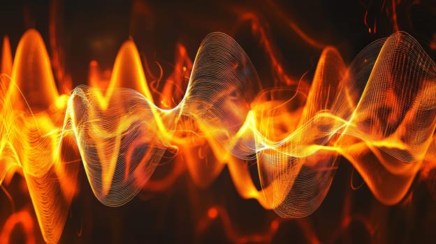 This abstract 3D rendering features intricate sound waves flowing through a dynamic orange and black color scheme. With its hyper-detailed textures and high-resolution contrast, the image captures the fluid motion and energy of sound, blending vivid colors with sharp, detailed lines that evoke a sense of rhythm and movement.