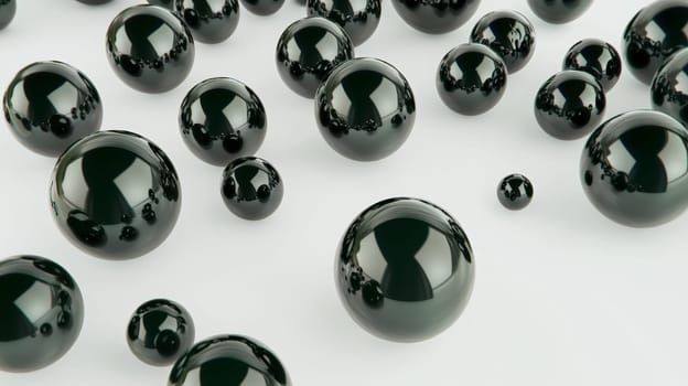 A minimalistic 3D render featuring scattered green pearls against a pristine white backdrop, highlighting the smooth, glossy texture and vibrant color of the pearls in a serene, high-quality presentation.