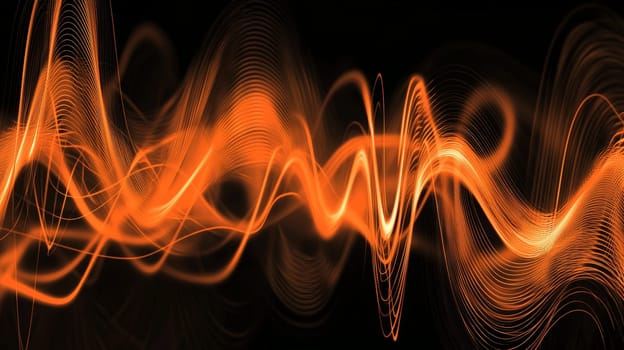 This abstract 3D rendering features intricate sound waves flowing through a dynamic orange and black color scheme. With its hyper-detailed textures and high-resolution contrast, the image captures the fluid motion and energy of sound, blending vivid colors with sharp, detailed lines that evoke a sense of rhythm and movement.