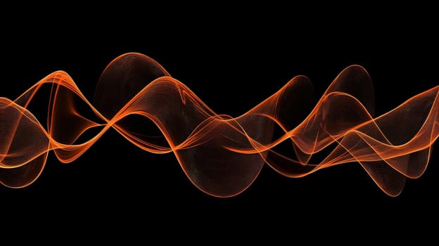 This abstract 3D rendering features intricate sound waves flowing through a dynamic orange and black color scheme. With its hyper-detailed textures and high-resolution contrast, the image captures the fluid motion and energy of sound, blending vivid colors with sharp, detailed lines that evoke a sense of rhythm and movement.