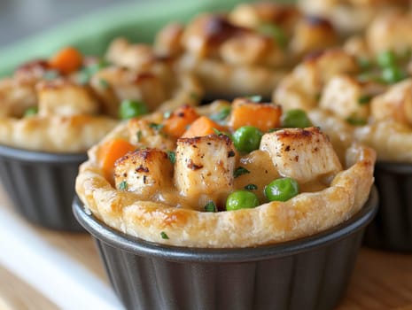 Golden mini chicken pot pie muffins with a flaky crust and creamy filling of chicken. AI generative.