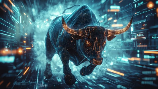 A futuristic 3D rendering of a powerful bull charging into a bustling crypto market trading floor, symbolizing the aggressive and dynamic nature of the cryptocurrency world. The high-energy scene blends traditional finance with digital innovation, capturing the excitement and volatility of crypto trading.