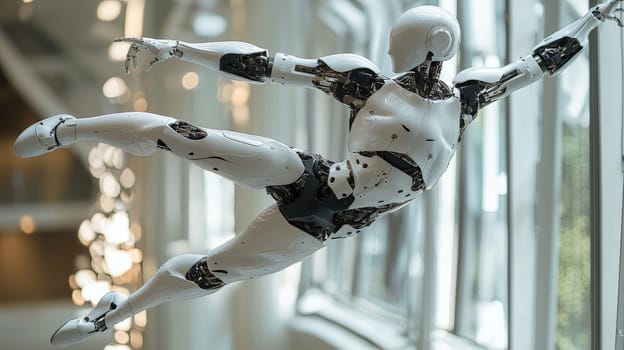 A captivating photo capturing a white robot executing a ballet pose with elegance and precision. The scene combines robotics with the artistry of dance, showcasing the fluidity and grace achievable in modern technology.