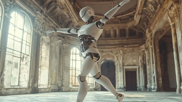 A captivating photo capturing a white robot executing a ballet pose with elegance and precision. The scene combines robotics with the artistry of dance, showcasing the fluidity and grace achievable in modern technology.