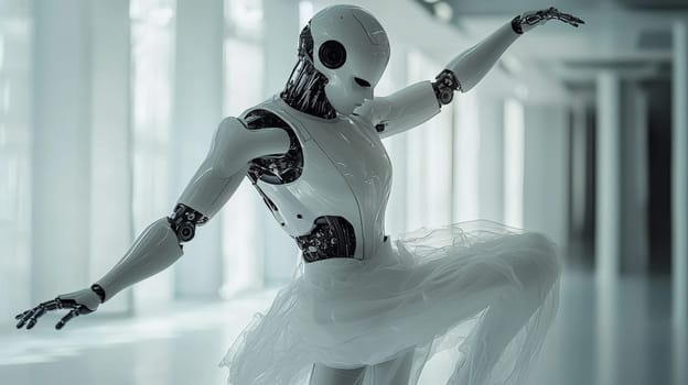 A captivating photo capturing a white robot executing a ballet pose with elegance and precision. The scene combines robotics with the artistry of dance, showcasing the fluidity and grace achievable in modern technology.