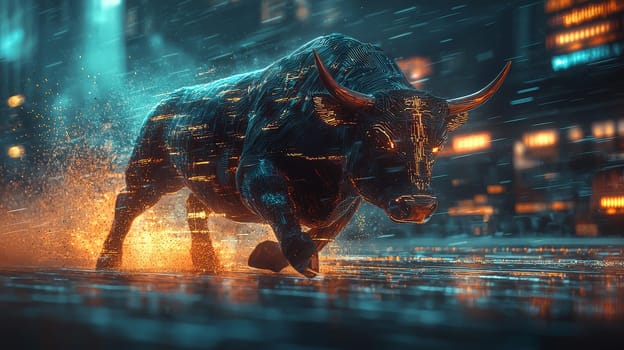 A futuristic 3D rendering of a powerful bull charging into a bustling crypto market trading floor, symbolizing the aggressive and dynamic nature of the cryptocurrency world. The high-energy scene blends traditional finance with digital innovation, capturing the excitement and volatility of crypto trading.
