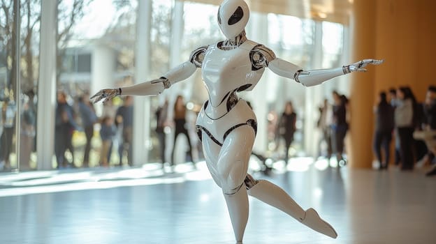 A captivating photo capturing a white robot executing a ballet pose with elegance and precision. The scene combines robotics with the artistry of dance, showcasing the fluidity and grace achievable in modern technology.