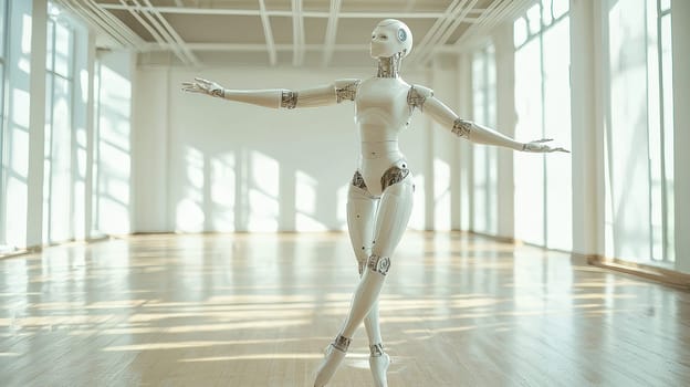 A captivating photo capturing a white robot executing a ballet pose with elegance and precision. The scene combines robotics with the artistry of dance, showcasing the fluidity and grace achievable in modern technology.
