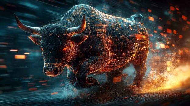 A futuristic 3D rendering of a powerful bull charging into a bustling crypto market trading floor, symbolizing the aggressive and dynamic nature of the cryptocurrency world. The high-energy scene blends traditional finance with digital innovation, capturing the excitement and volatility of crypto trading.