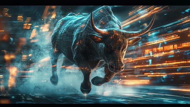 A futuristic 3D rendering of a powerful bull charging into a bustling crypto market trading floor, symbolizing the aggressive and dynamic nature of the cryptocurrency world. The high-energy scene blends traditional finance with digital innovation, capturing the excitement and volatility of crypto trading.