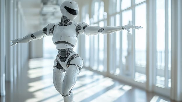 A captivating photo capturing a white robot executing a ballet pose with elegance and precision. The scene combines robotics with the artistry of dance, showcasing the fluidity and grace achievable in modern technology.