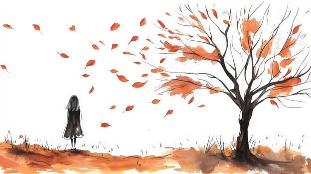 A minimalist watercolor artwork capturing a young girl observing a leafless tree during fall. The girl is illustrated with a single continuous line, giving the scene a delicate and contemplative feel against a clean white background. The piece evokes themes of simplicity, solitude, and seasonal change.